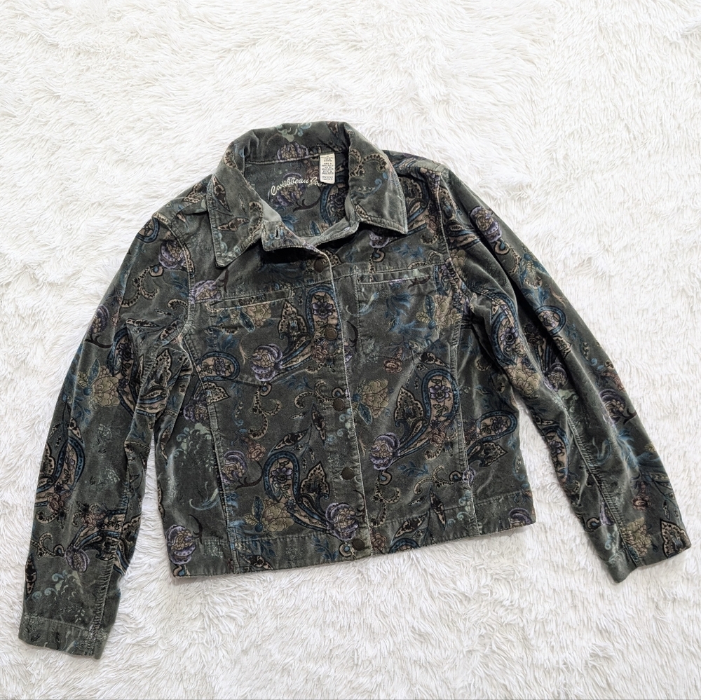 Y2K Vintage Caribbean Joe Green Velour Paisley Print Button Down Jacket Medium